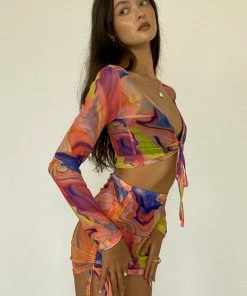 AT Sale Sia Cinched Mesh Skirt Set In Orange Wavy