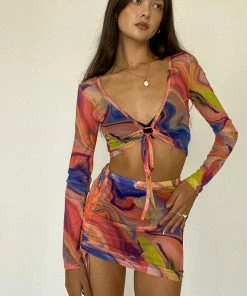 AT Sale Sia Cinched Mesh Skirt Set In Orange Wavy