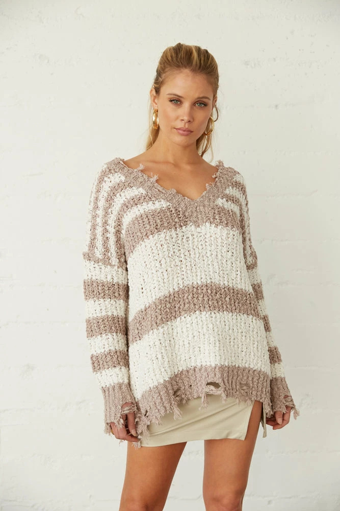 Sale Whitney Distressed Striped Popcorn Sweater