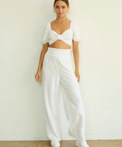 AT Amy Smocked Puff Sleeve Linen Crop Top Sale