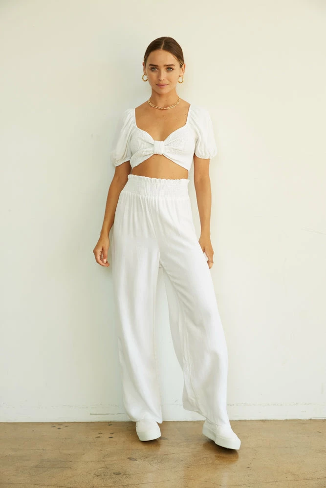 AT Amy Smocked Puff Sleeve Linen Crop Top Sale