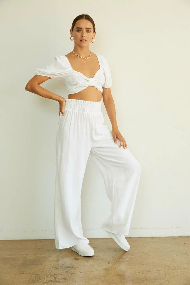 AT Amy Smocked Puff Sleeve Linen Crop Top Sale