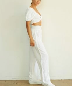 AT Amy Smocked Puff Sleeve Linen Crop Top Sale