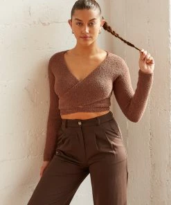 Kyoto Fuzzy Wrap Sweater In Brown