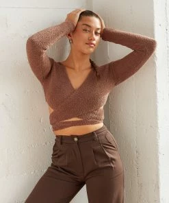 Kyoto Fuzzy Wrap Sweater In Brown