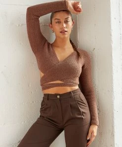 Kyoto Fuzzy Wrap Sweater In Brown