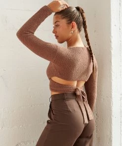 Kyoto Fuzzy Wrap Sweater In Brown