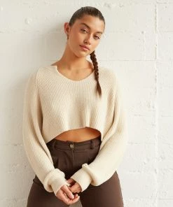 Sale Sky Crop Knit Sweater In Cream