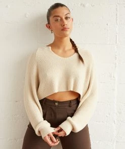 Sale Sky Crop Knit Sweater In Cream