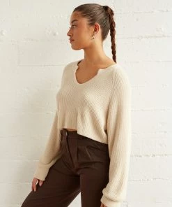 Sale Sky Crop Knit Sweater In Cream