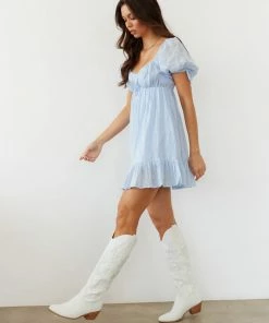 AT New Threads Folklore Puff Sleeve Babydoll Dress In White