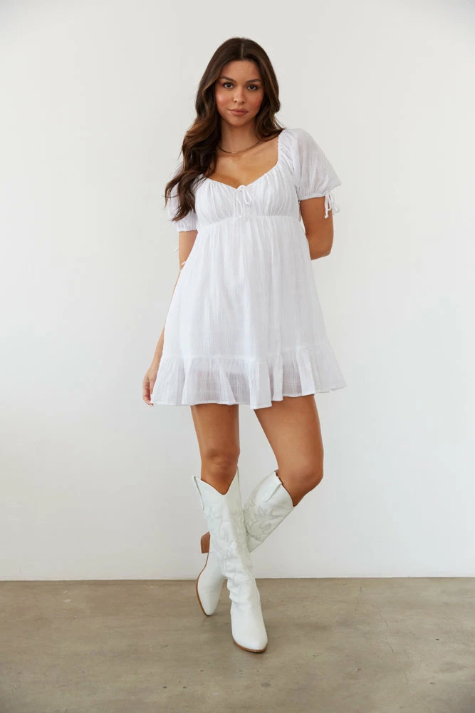 AT New Threads Folklore Puff Sleeve Babydoll Dress In White