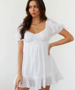 AT New Threads Folklore Puff Sleeve Babydoll Dress In White