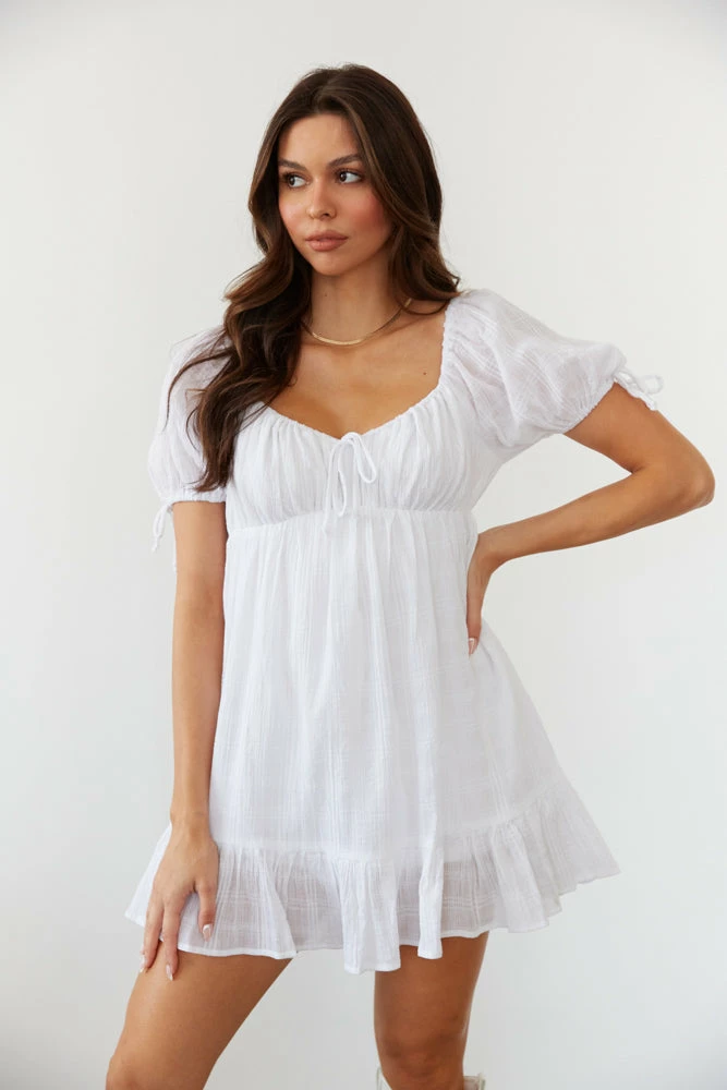 AT New Threads Folklore Puff Sleeve Babydoll Dress In White