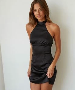 Isabel Satin Halter Mini Dress In Black