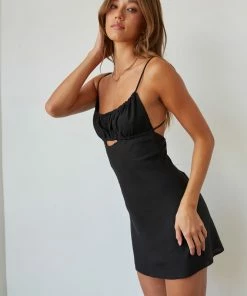 AT Karter Linen Keyhole Mini Dress In Black New Threads