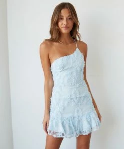 AT Livia One Shoulder Lace Ruffle Mini Dress In Blue