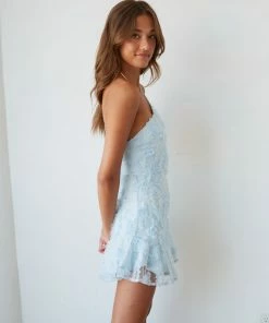 AT Livia One Shoulder Lace Ruffle Mini Dress In Blue