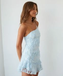 AT Livia One Shoulder Lace Ruffle Mini Dress In Blue