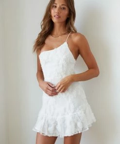 AT Livia One Shoulder Lace Ruffle Mini Dress In White New Threads