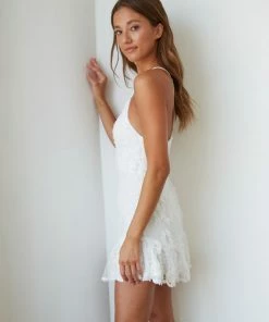 AT Livia One Shoulder Lace Ruffle Mini Dress In White New Threads