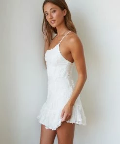 AT Livia One Shoulder Lace Ruffle Mini Dress In White New Threads