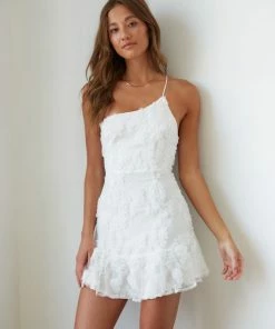 AT Livia One Shoulder Lace Ruffle Mini Dress In White New Threads