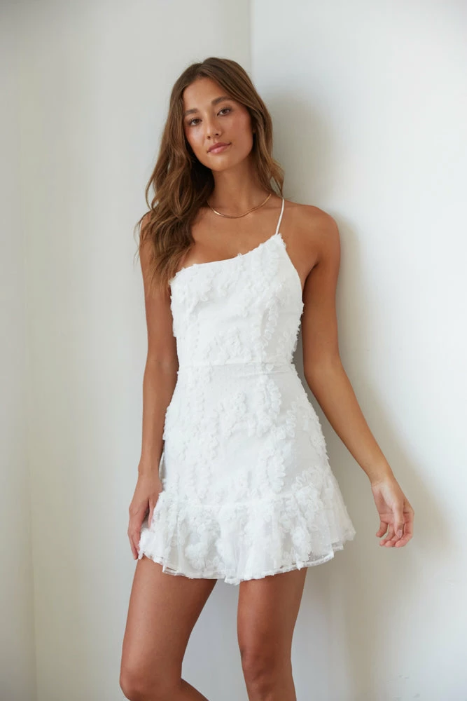 AT Livia One Shoulder Lace Ruffle Mini Dress In White New Threads