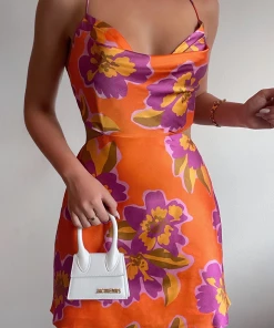 Runaway Orchid Satin Mini Dress In Orange Floral