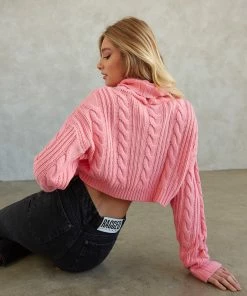 Mimi Cable Knit Sweater In Coral Pink Sale