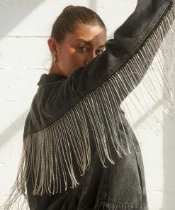 AT New Threads Cleo Rhinestone Fringe Denim Jacket