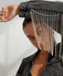 AT New Threads Cleo Rhinestone Fringe Denim Jacket