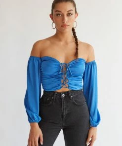 Julia Satin Puff Crop Top In Blue