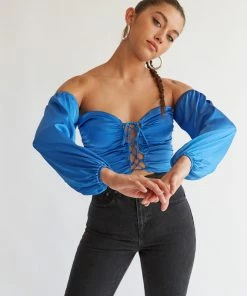 Julia Satin Puff Crop Top In Blue