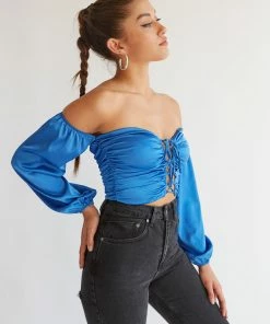 Julia Satin Puff Crop Top In Blue