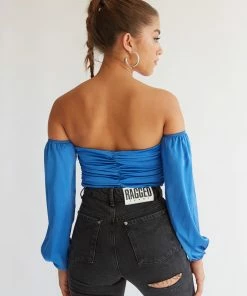 Julia Satin Puff Crop Top In Blue