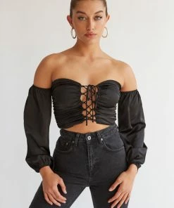 Julia Satin Puff Crop Top In Blue